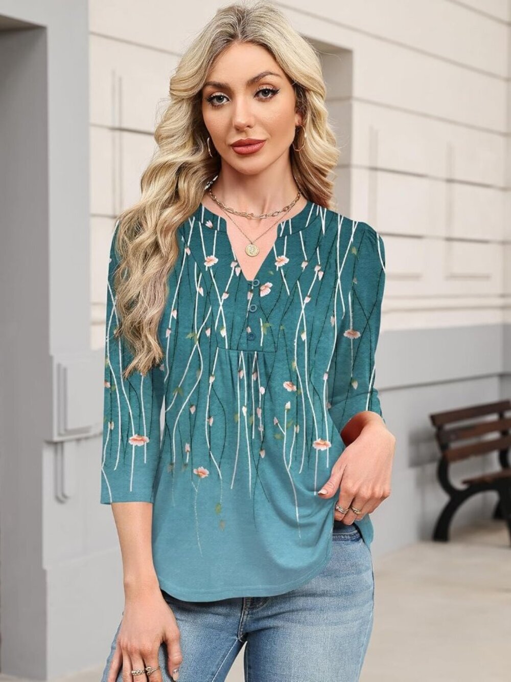 Women's 3/4 Length Sleeve Tops Dressy Casual Henley V-Neck Tops Wine Blue Leaves - Picture 3 of 5